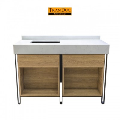 Wooden hotel bathroom vanity with marble surface in white - hotel furniture 5 star